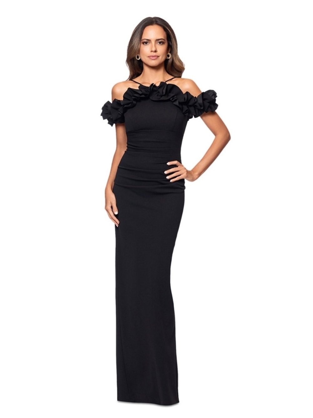 XSCAPE Dress Black Size 12 Women's Halter-Strap Ruffled Gown Evening
